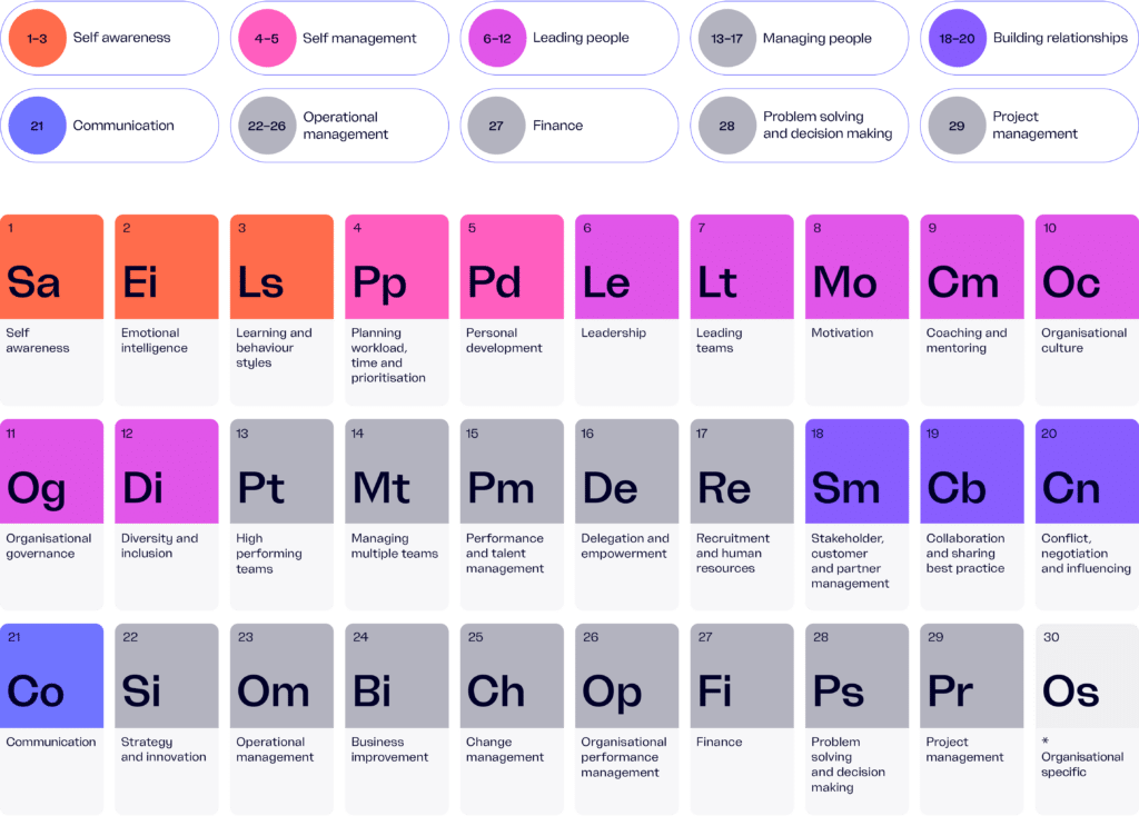 Diagram of the Accipio C30 (30 Key Leadership Competencies) akin to a periodic table.